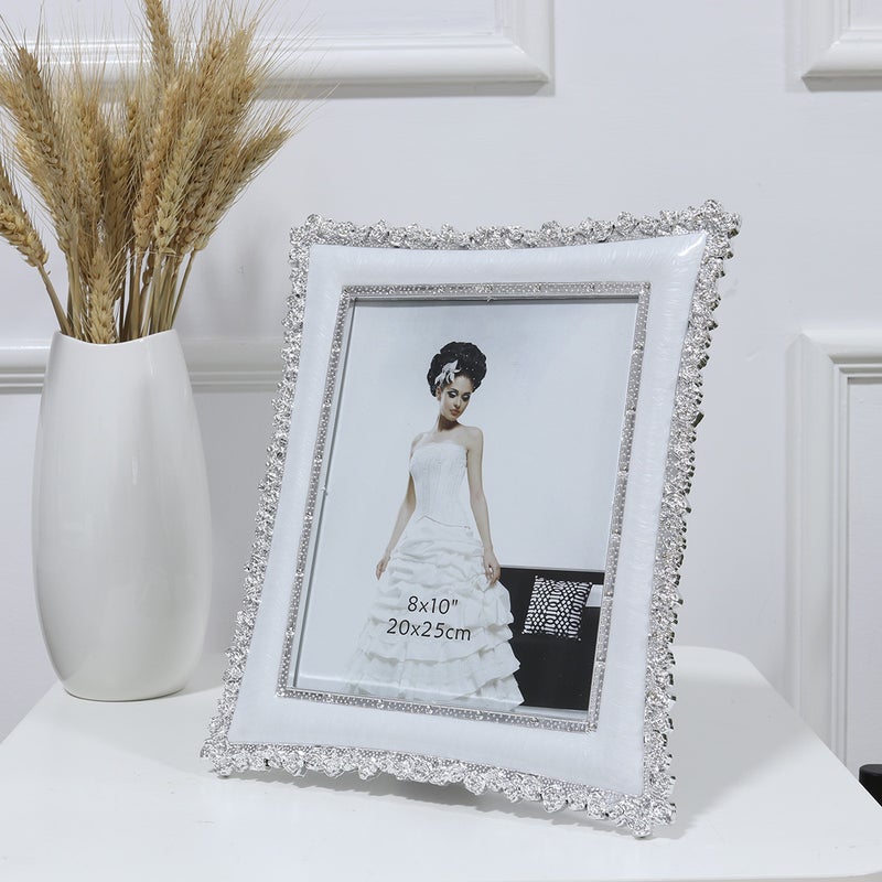 Plated Metal Picture Frame Resin Photo Frame with Rose Decors(White/10 Inch) - Image 4