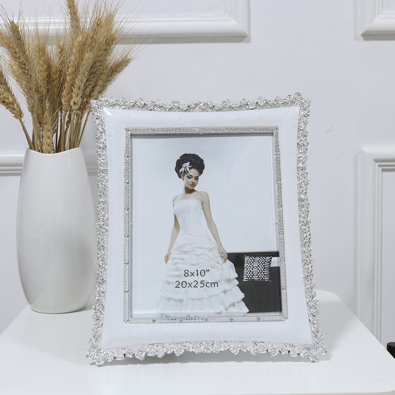 Plated Metal Picture Frame Resin Photo Frame with Rose Decors(White/10 Inch) - Image 1
