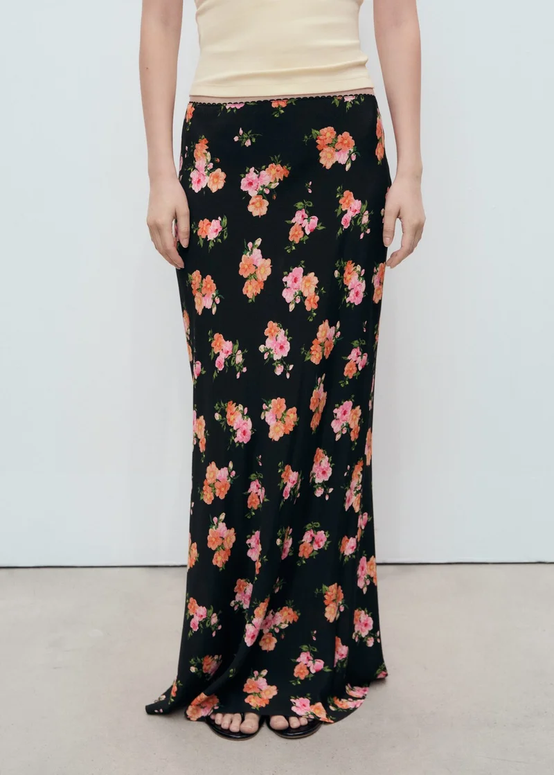 MANGO Floral Skirt With Lace Trim