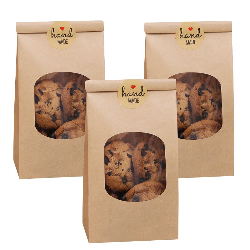 Eupako 354x236x67 Bakery Bags with Window 50 PCS Brown Tin Tie Tab Lock Bags Kraft Paper Bags for Cookies Coffee Included 50 PCS Handmade Stickers
