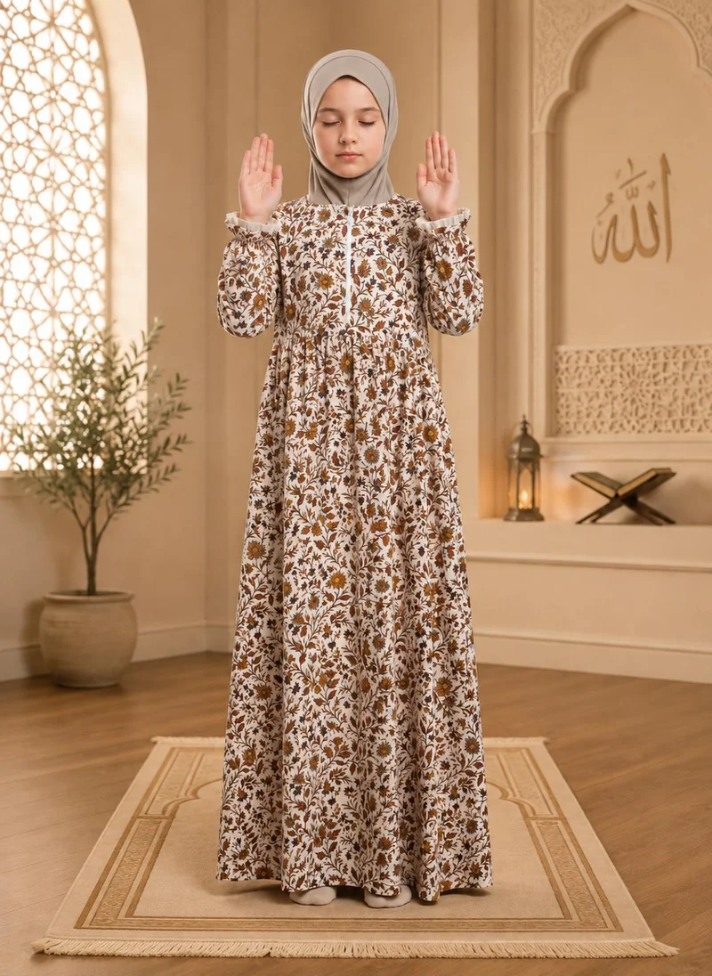 أرتيميا Beige Mughal Printed Girls Prayer dress with Hijab