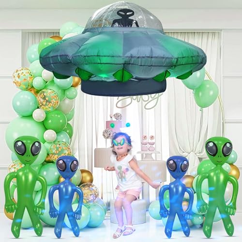anroog Alien Party Decorations 4.2FT Hanging UFO Cow Abduction Inflatable Alien Inflatable UFO Halloween Blow Up Built-in Green LED Blue&White Flashing Light with Cow Outdoor Indoor Home Garden Lawn Decor - Image 3