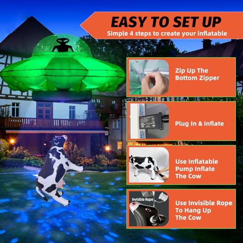 anroog Alien Party Decorations 4.2FT Hanging UFO Cow Abduction Inflatable Alien Inflatable UFO Halloween Blow Up Built-in Green LED Blue&White Flashing Light with Cow Outdoor Indoor Home Garden Lawn Decor - Image 4