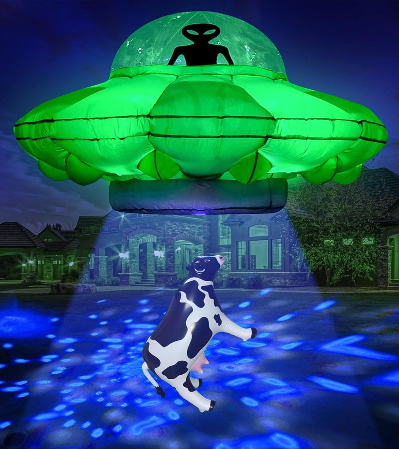 anroog Alien Party Decorations 4.2FT Hanging UFO Cow Abduction Inflatable Alien Inflatable UFO Halloween Blow Up Built-in Green LED Blue&White Flashing Light with Cow Outdoor Indoor Home Garden Lawn Decor - Image 1