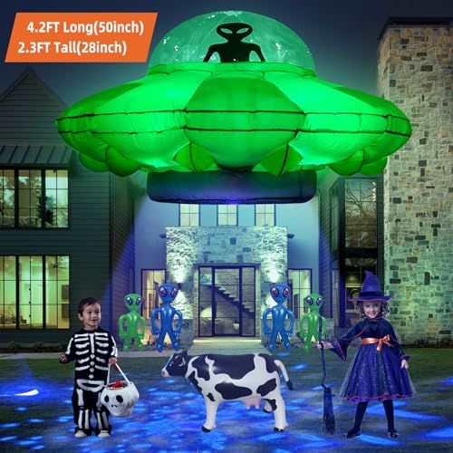 anroog Alien Party Decorations 4.2FT Hanging UFO Cow Abduction Inflatable Alien Inflatable UFO Halloween Blow Up Built-in Green LED Blue&White Flashing Light with Cow Outdoor Indoor Home Garden Lawn Decor - Image 5