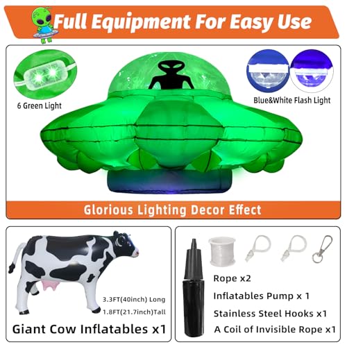 anroog Alien Party Decorations 4.2FT Hanging UFO Cow Abduction Inflatable Alien Inflatable UFO Halloween Blow Up Built-in Green LED Blue&White Flashing Light with Cow Outdoor Indoor Home Garden Lawn Decor - Image 2