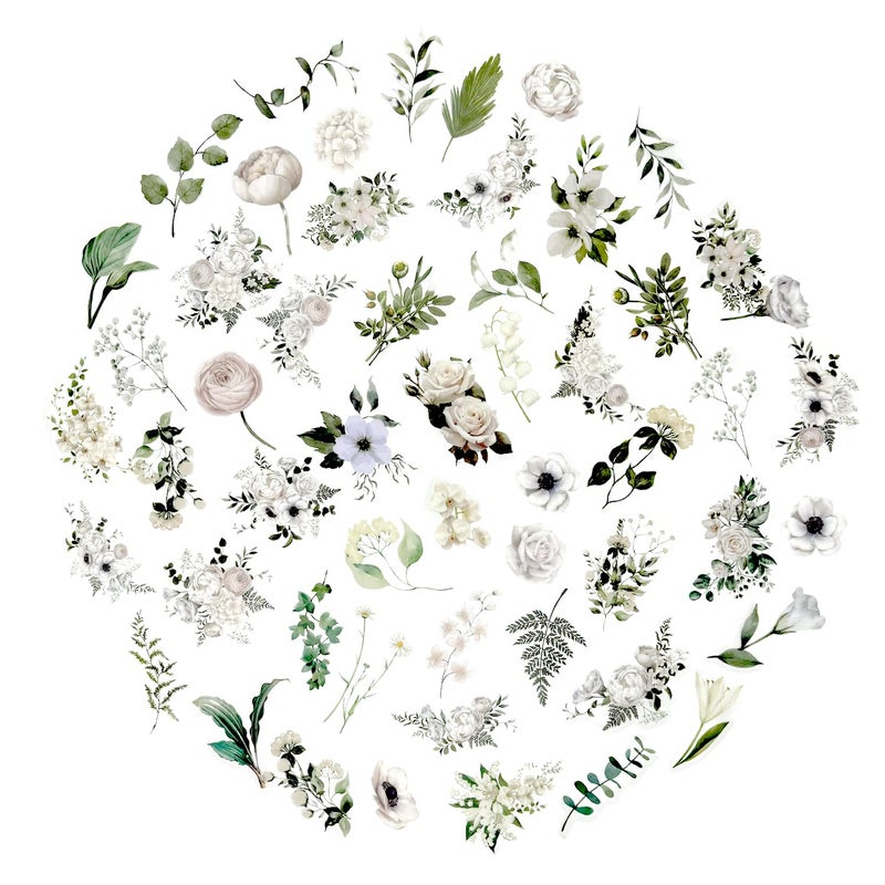 Obujopal 100 Pcs Daisy Camellia Stickers, White Flower Stickers for Scrapbooking Junk Journal Notebook Diary Planner Letter Envelope Water Bottle Phone Case Craft Decoration, 50 Patterns - Image 2