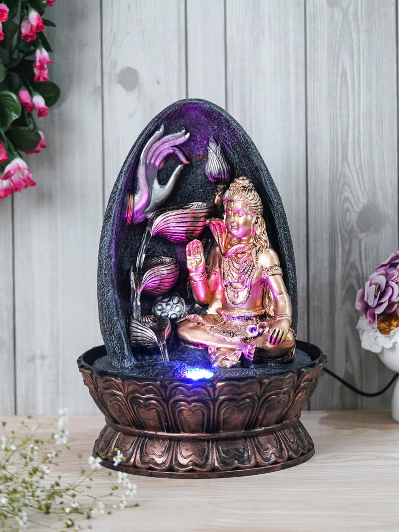 CHRONIKLE Golden and Grey Polyresin Tabletop Lord Shiva Showing Mudra 3 Step Indoor Water Fountain For Home Decor with Multicolor LED Light & Speed ​​Control Pump (Size: 27 x 27 x 39CM | Wt: 2140Gram) - Image 1