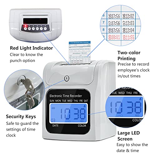 TooCust Employee Time Clocks for Small Business, Auto-Align Time Clock Punch Machine with 50-Piece Time Cards, Two Security Keys, and One Ink Ribbon Cartridge - Image 3