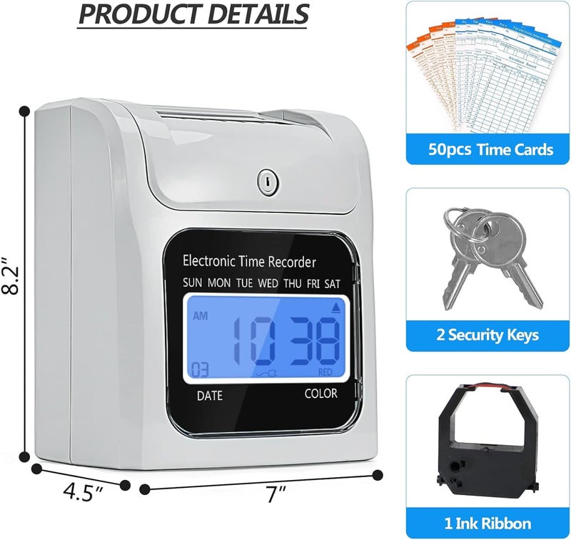 TooCust Employee Time Clocks for Small Business, Auto-Align Time Clock Punch Machine with 50-Piece Time Cards, Two Security Keys, and One Ink Ribbon Cartridge - Image 4