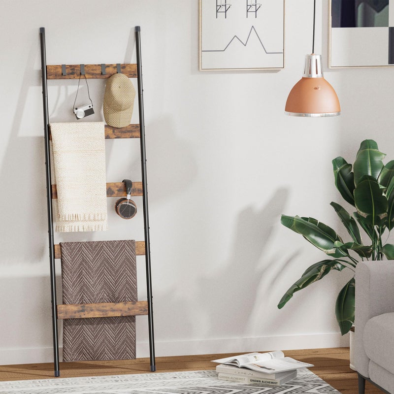 Vantimo Blanket Ladder, 5-Tier Towel Holder with 4 Removable Hooks, Farmhouse Wall Leaning Decorative Rack Shelf, Wooden Towel Display Rack, Quilt Ladder for Living Room, Bedroom, Rustic Brown - Image 1