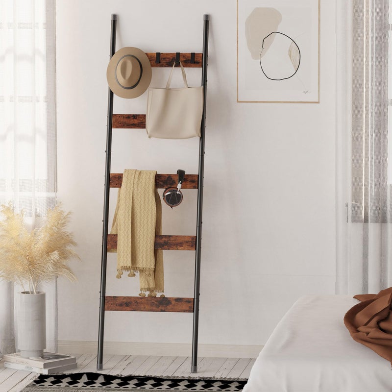 Vantimo Blanket Ladder, 5-Tier Towel Holder with 4 Removable Hooks, Farmhouse Wall Leaning Decorative Rack Shelf, Wooden Towel Display Rack, Quilt Ladder for Living Room, Bedroom, Rustic Brown - Image 2