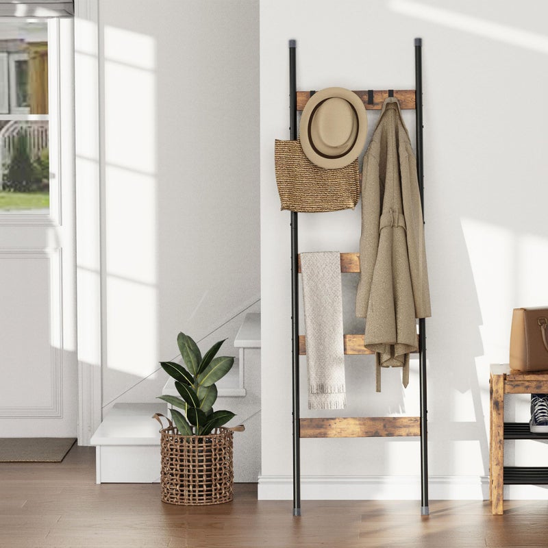 Vantimo Blanket Ladder, 5-Tier Towel Holder with 4 Removable Hooks, Farmhouse Wall Leaning Decorative Rack Shelf, Wooden Towel Display Rack, Quilt Ladder for Living Room, Bedroom, Rustic Brown - Image 3