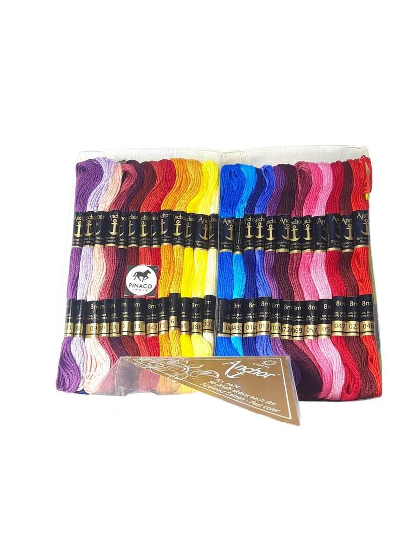 Pinaco India Anchor Stranded Cotton Assorted Skeins set of 01111 & 02222 (8MTR Skeins 100 pcs = 2 Shade Of each 50 Shades) - Image 1
