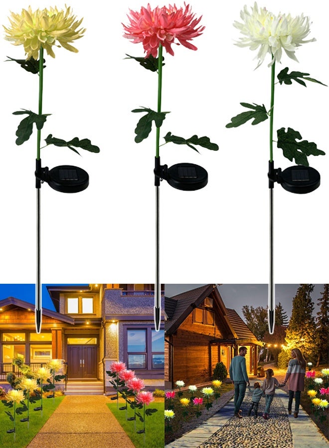 TAPIT 3PCS Waterproof Chrysanthemum Flowers Lights Simulated lanterns Outdoor Solar Garden Stake Lights Solar Garden Lights Landscape Pathway Light for Patio Yard Walkway (Pink+Yellow+White 3PC) - Image 1