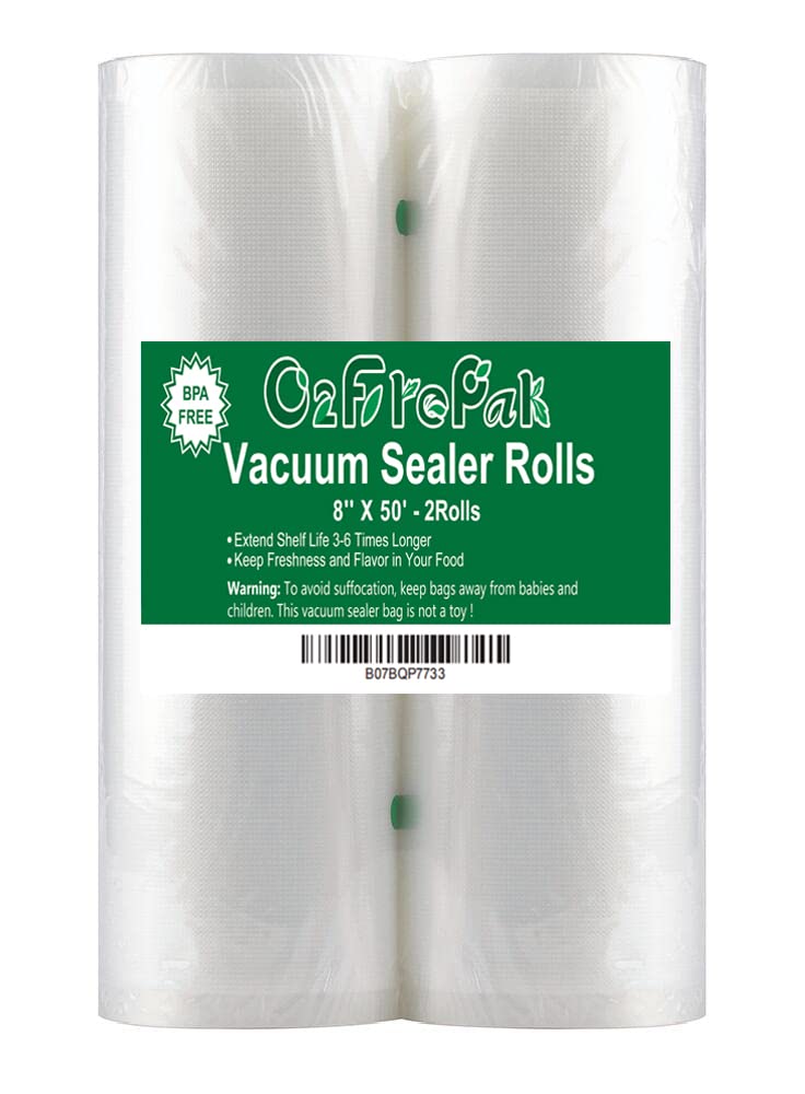 O2frepak 2Pack Total 100Feet 8x50 Rolls Vacuum Sealer Bags Rolls with BPA FreeHeavy Duty Vacuum Food Sealer Storage Bags RollsCut to Size RollGreat for Sous Vide