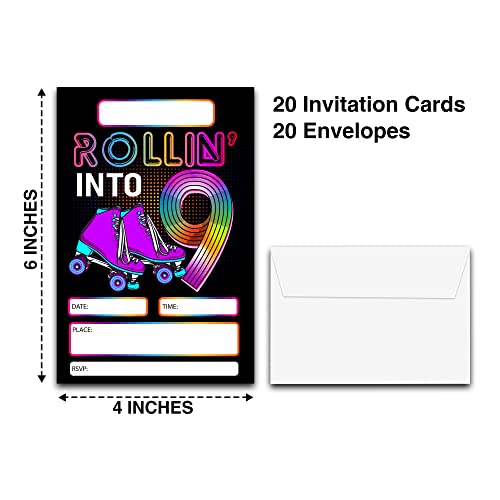 DETIHO 4" x 6" Roller Skating 9th Birthday Party Invitation Cards With Envelopes - Rolling Into 9 - Retro Roller Skate Party Invitation - 20 Sets - E54 - Image 2