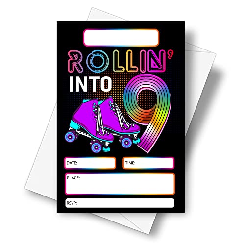 DETIHO 4" x 6" Roller Skating 9th Birthday Party Invitation Cards With Envelopes - Rolling Into 9 - Retro Roller Skate Party Invitation - 20 Sets - E54 - Image 1