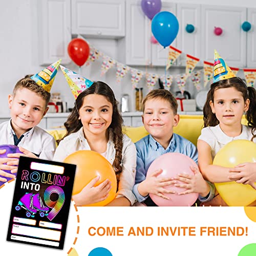DETIHO 4" x 6" Roller Skating 9th Birthday Party Invitation Cards With Envelopes - Rolling Into 9 - Retro Roller Skate Party Invitation - 20 Sets - E54 - Image 4