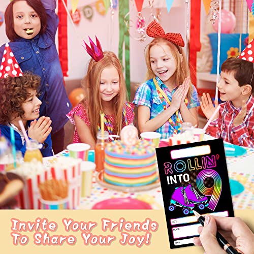DETIHO 4" x 6" Roller Skating 9th Birthday Party Invitation Cards With Envelopes - Rolling Into 9 - Retro Roller Skate Party Invitation - 20 Sets - E54 - Image 3