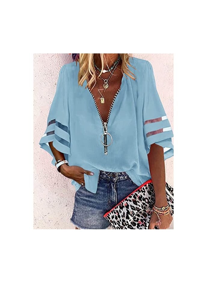 Shougu New V-neck Zipper Shirt Loose Casual Shirt For Women - Image 1