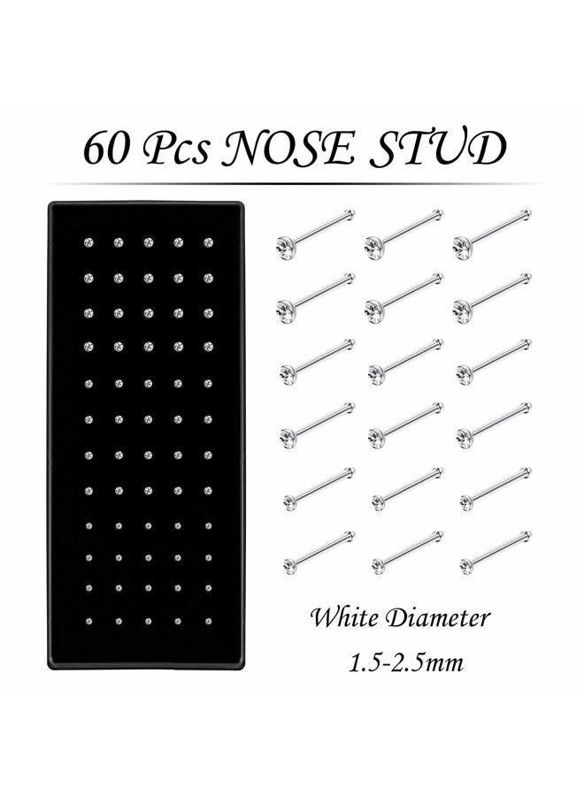OMAIGAR Nose Rings Studs, 60pcs Straight or L-Shaped or Screw Nose Studs for Women Men, Surgical Stainless Steel Hypoallergenic Nose Piercing Jewelry 1.5/2/2.5mm Size Rhinestone and Ideal Gift, Metal - Image 2