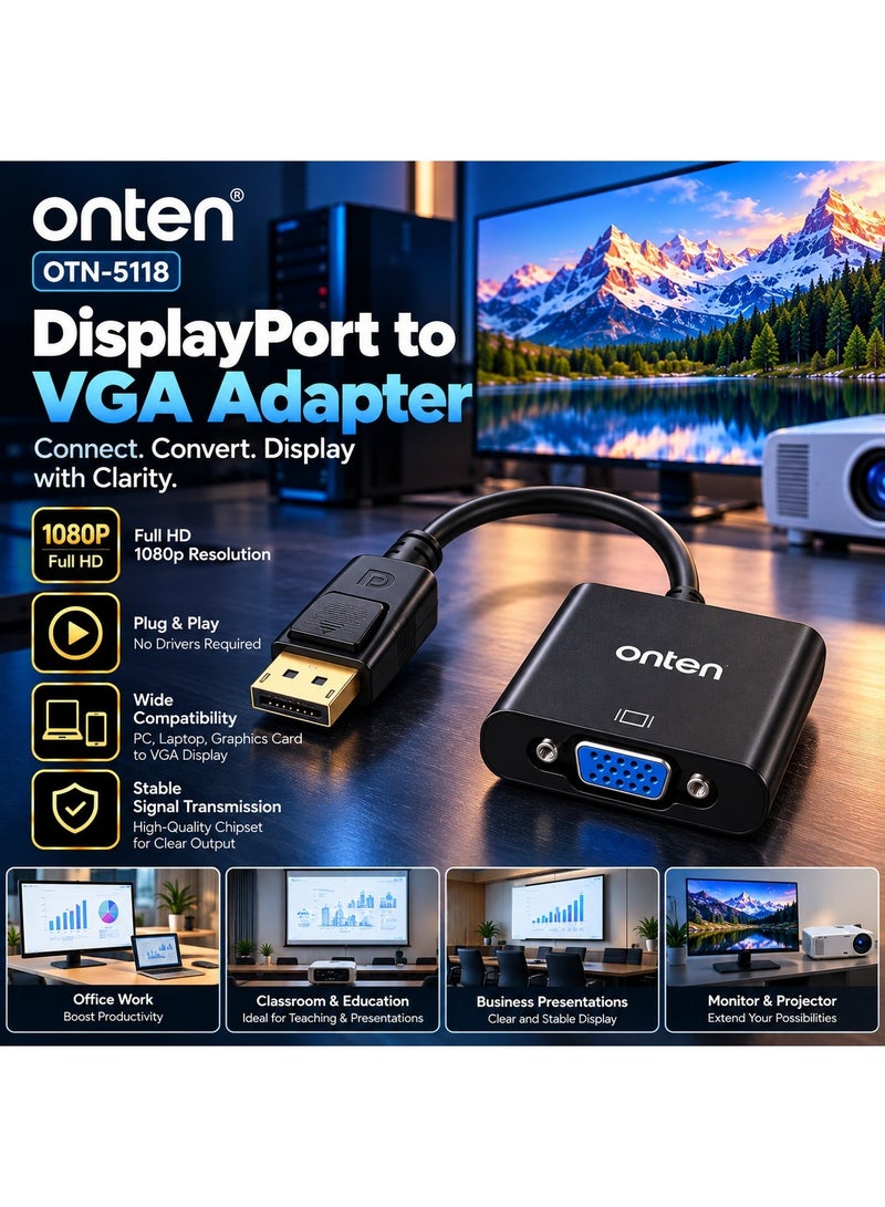 Onten OTN-5118 DisplayPort to VGA Adapter, Full HD 1080p Digital to Analog Video Converter for Desktop, PC, Laptop & Graphics Card to VGA Monitor, Projector & Display, Plug & Play Adapter for Office, Classroom & Presentations - Image 1
