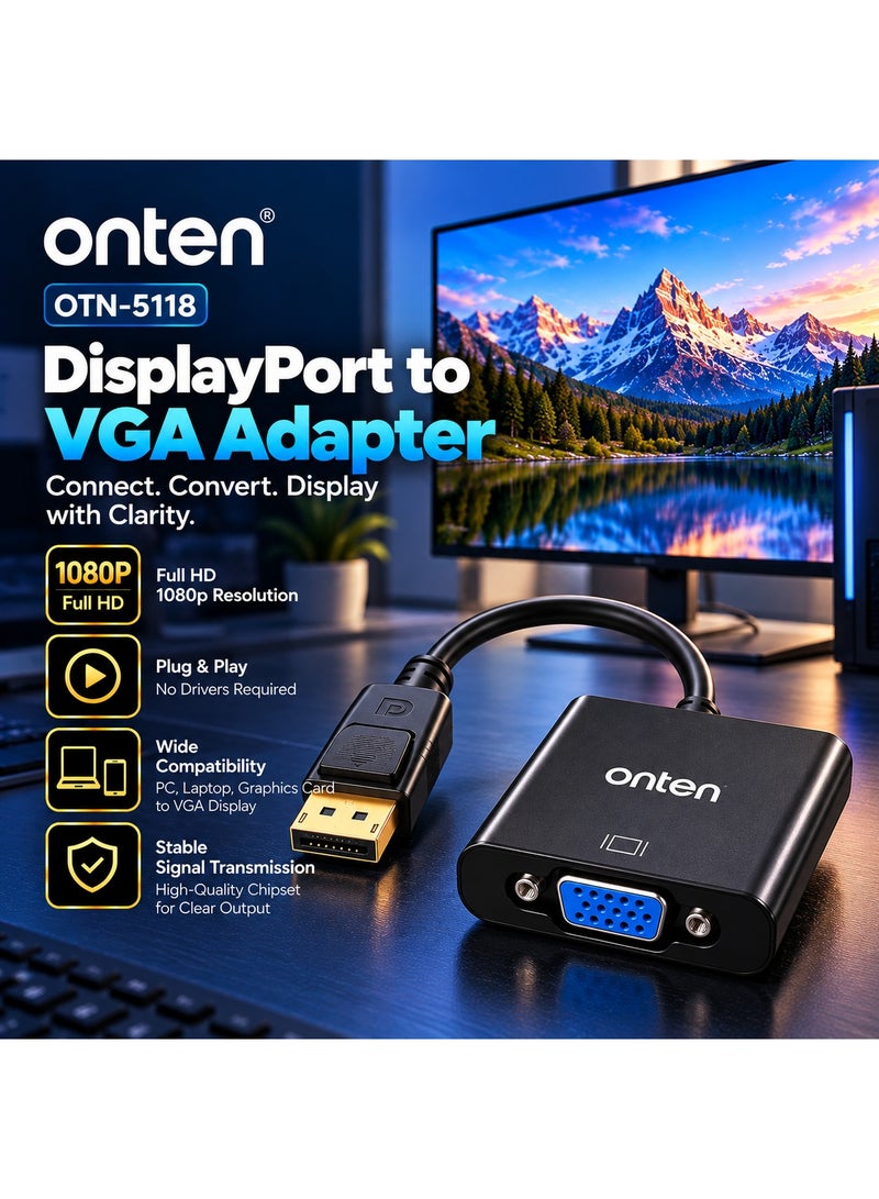 Onten OTN-5118 DisplayPort to VGA Adapter, Full HD 1080p Digital to Analog Video Converter for Desktop, PC, Laptop & Graphics Card to VGA Monitor, Projector & Display, Plug & Play Adapter for Office, Classroom & Presentations - Image 2