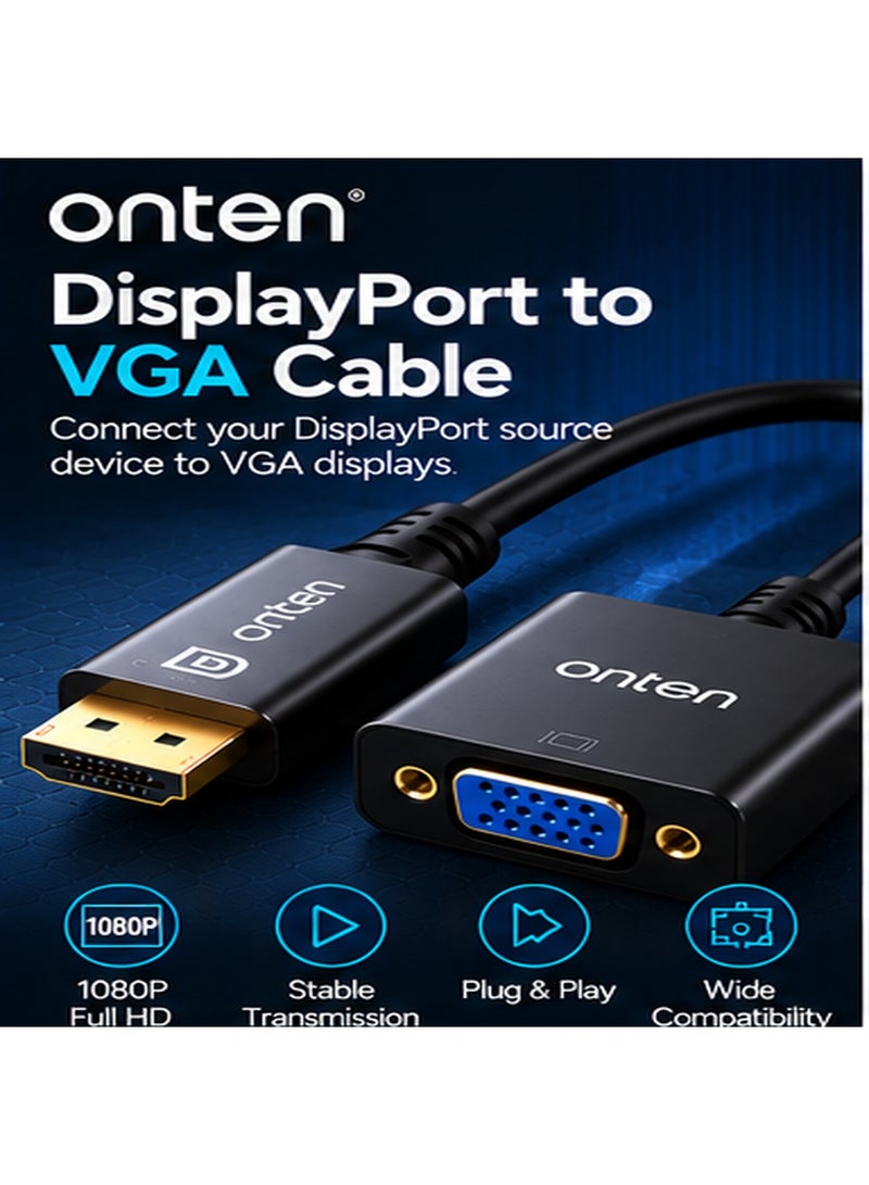 أونتن محول Onten OTN-5118 من DisplayPort إلى VGA؛ محول فيديو رقمي إلى تناظري بدقة Full HD 1080p لأجهزة الكمبيوتر المكتبية والمحمولة وبطاقات الرسوميات لتوصيلها بشاشات VGA وأجهزة العرض (البروجيكتور)؛ محول يدعم خاصية "التوصيل والتشغيل" (Plug & Play) ومثالي للاستخدام في المكاتب والفصول الدراسية والعروض التقديمية. - Image 1