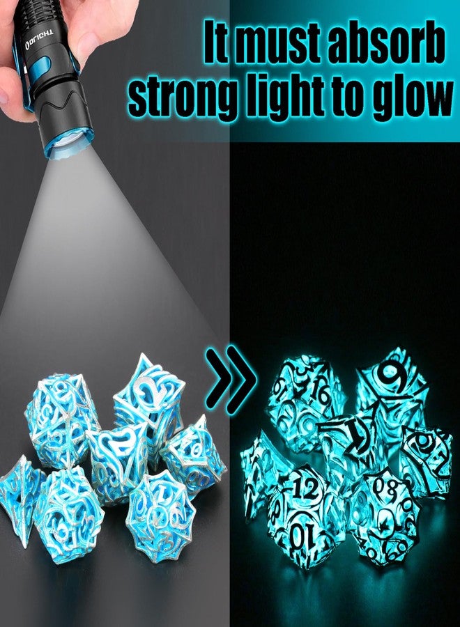 FONVGOGO Glow in The Dark Light up DND Dice Metal for Dungeons and Dragon 7 Polyhedral Dice Set Hollow Metal Vine D and D RPG Dice for Role Playing Game (Vine Glow Blue) - Image 3