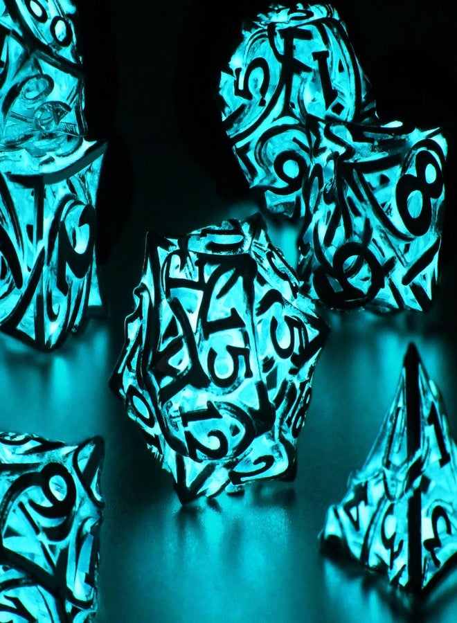 FONVGOGO Glow in The Dark Light up DND Dice Metal for Dungeons and Dragon 7 Polyhedral Dice Set Hollow Metal Vine D and D RPG Dice for Role Playing Game (Vine Glow Blue) - Image 1
