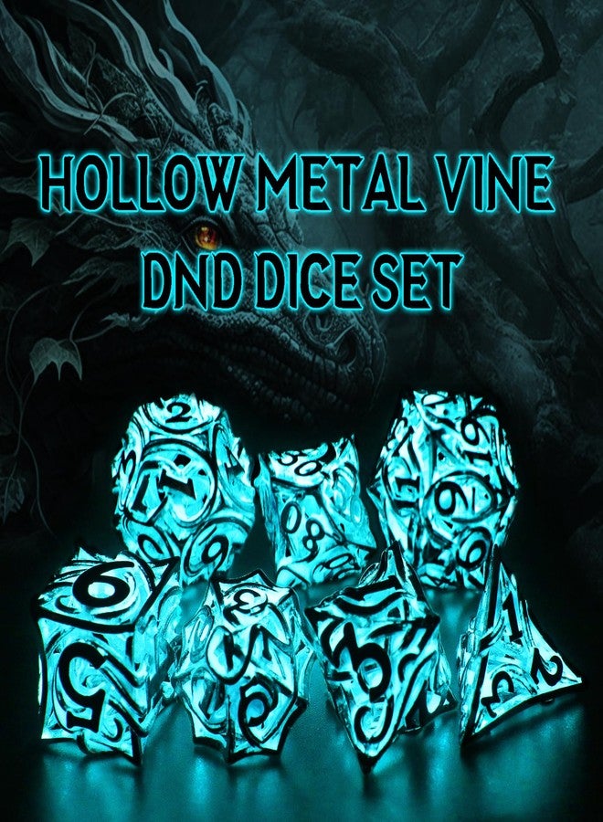 FONVGOGO Glow in The Dark Light up DND Dice Metal for Dungeons and Dragon 7 Polyhedral Dice Set Hollow Metal Vine D and D RPG Dice for Role Playing Game (Vine Glow Blue) - Image 5