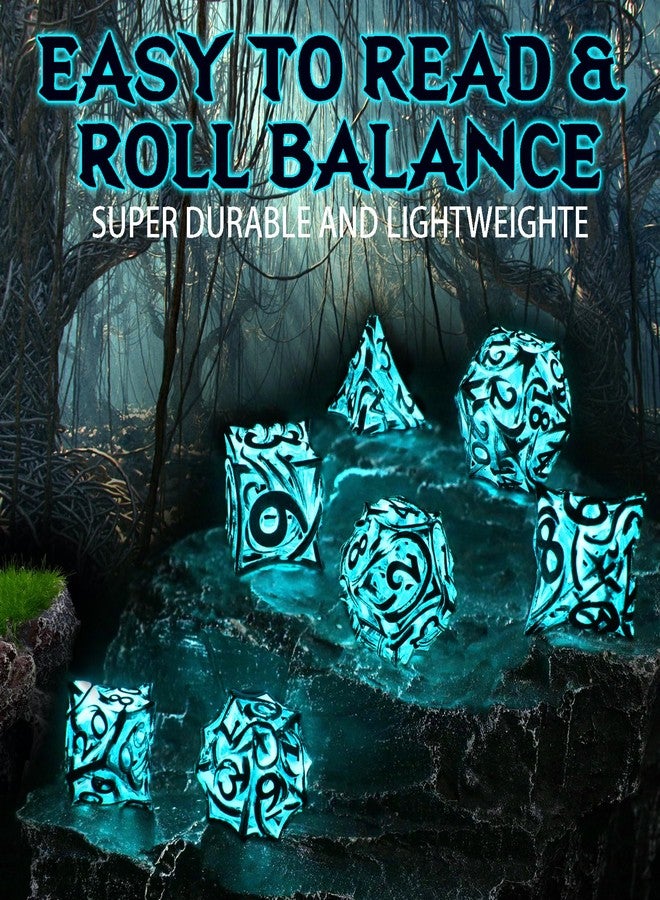 FONVGOGO Glow in The Dark Light up DND Dice Metal for Dungeons and Dragon 7 Polyhedral Dice Set Hollow Metal Vine D and D RPG Dice for Role Playing Game (Vine Glow Blue) - Image 2