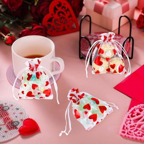 Tapleap Small Valentines Candy Bags for Kids Classroom, Heart Print Mesh Organza Drawstring Gift Bags for Packaging Goodie, For Wedding, Birthday, Bridal Showers, 50Pcs 3x4in(8x10cm) - Image 5