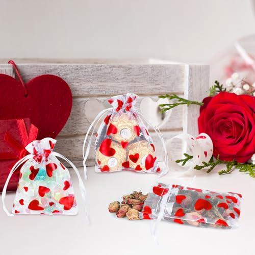 Tapleap Small Valentines Candy Bags for Kids Classroom, Heart Print Mesh Organza Drawstring Gift Bags for Packaging Goodie, For Wedding, Birthday, Bridal Showers, 50Pcs 3x4in(8x10cm) - Image 4