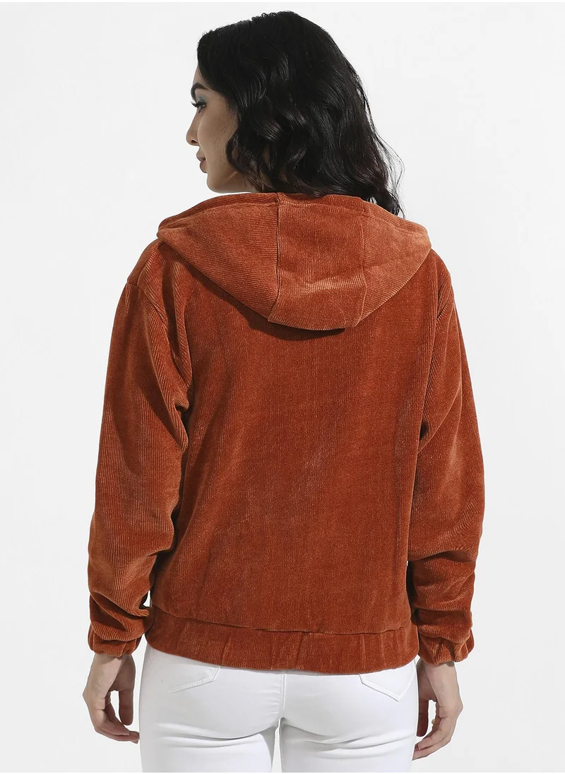 Campus Sutra Ribbed Hoodie With Zip-Closure