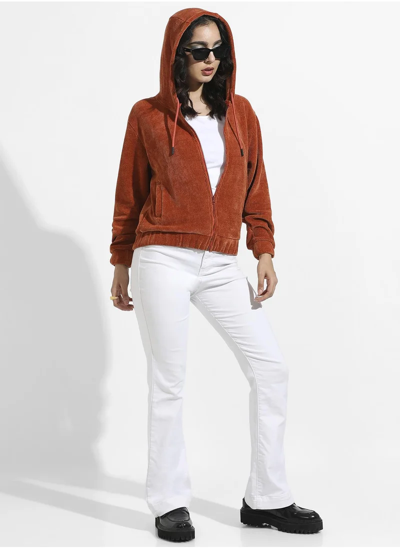 Campus Sutra Ribbed Hoodie With Zip-Closure