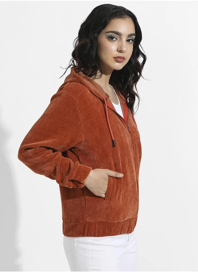 Campus Sutra Ribbed Hoodie With Zip-Closure