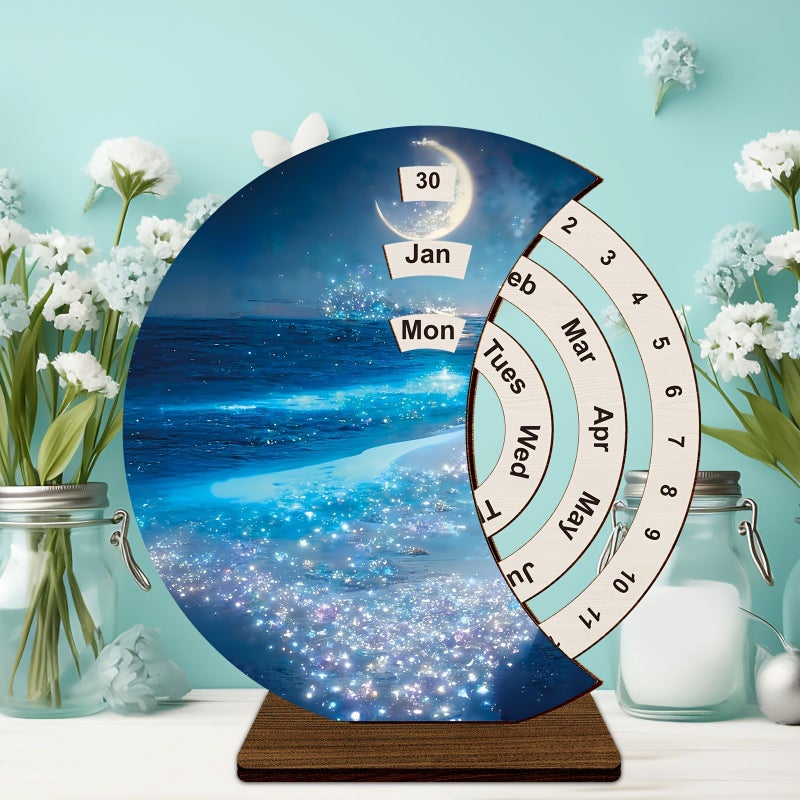 1 Pcs Wooden Rotating Desk Calendar Beach Theme Decoration For Home Office Bedroom With Artistic Design Style A - Image 1