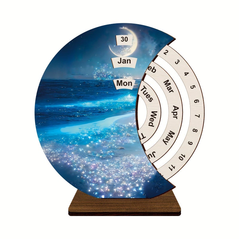 1 Pcs Wooden Rotating Desk Calendar Beach Theme Decoration For Home Office Bedroom With Artistic Design Style A - Image 5