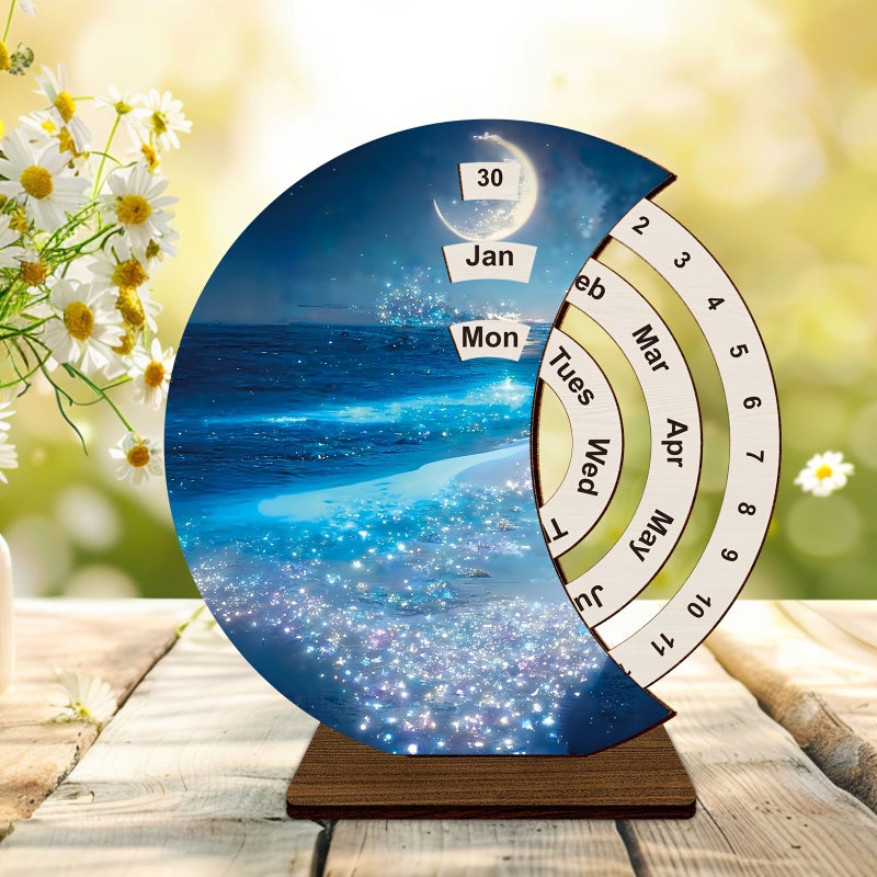 1 Pcs Wooden Rotating Desk Calendar Beach Theme Decoration For Home Office Bedroom With Artistic Design Style A - Image 3