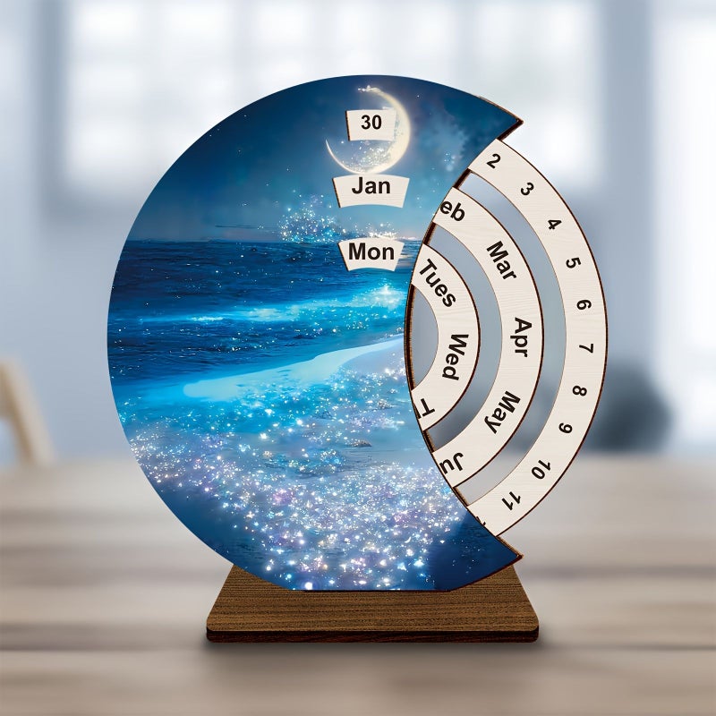 1 Pcs Wooden Rotating Desk Calendar Beach Theme Decoration For Home Office Bedroom With Artistic Design Style A - Image 4