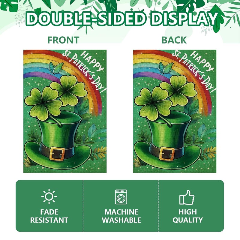 Agroon Happy St Patricks Day Garden Flag 12x18 Inch, Green Hat with Four-leaf Clover Double Sided Flag for Yard Outdoor Decoration - Image 3