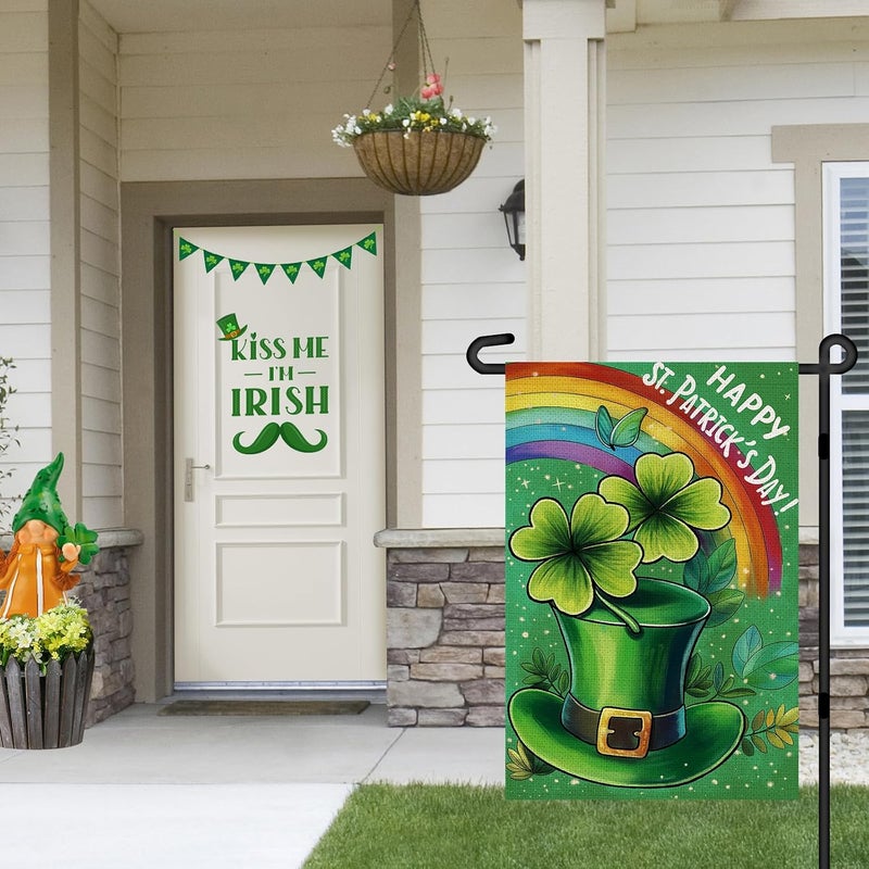 Agroon Happy St Patricks Day Garden Flag 12x18 Inch, Green Hat with Four-leaf Clover Double Sided Flag for Yard Outdoor Decoration - Image 5