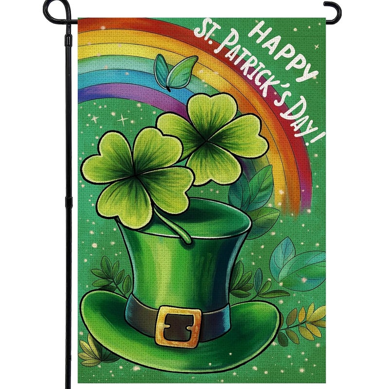Agroon Happy St Patricks Day Garden Flag 12x18 Inch, Green Hat with Four-leaf Clover Double Sided Flag for Yard Outdoor Decoration - Image 1