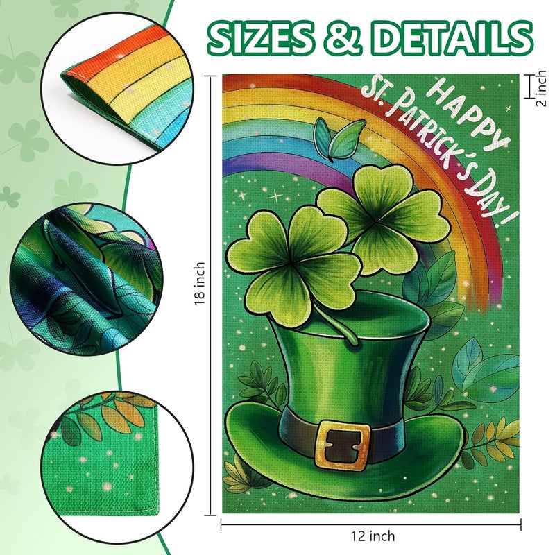 Agroon Happy St Patricks Day Garden Flag 12x18 Inch, Green Hat with Four-leaf Clover Double Sided Flag for Yard Outdoor Decoration - Image 2