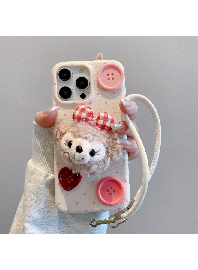 NIBEMINENT Plush Filipino New Protective TPU Case Cover For iPhone 15 Pro, White With Plush Shirley Rose Buttons With Leather Lanyard