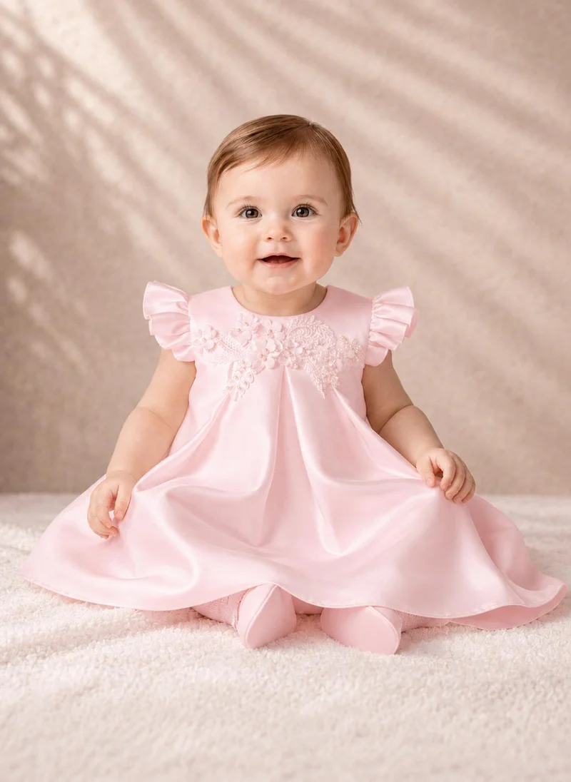 Via Bambino Blush Flutter-Sleeve Floral Appliqué Dress 5603