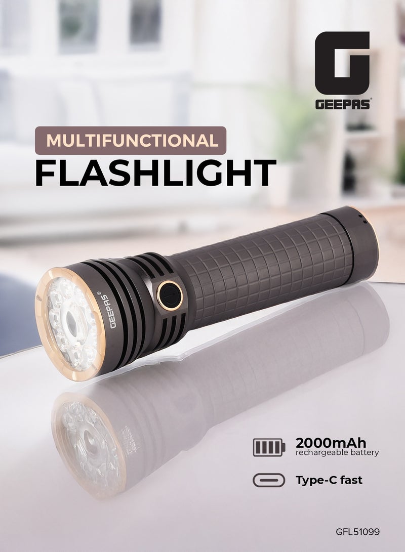 GEEPAS Multifunctional Flashlight 60 W | High Power LEDs, 5000 Lumens, Dual Lighting Modes | Type-C Fast Charging, Compact and Portable Design | Perfect for Indoor and Outdoor Use |  GFL51099 Grey - Image 1