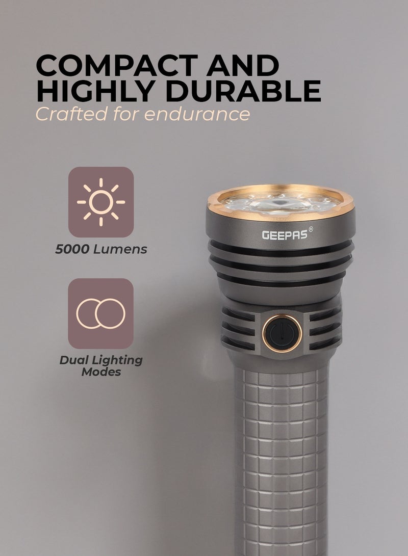 GEEPAS Multifunctional Flashlight 60 W | High Power LEDs, 5000 Lumens, Dual Lighting Modes | Type-C Fast Charging, Compact and Portable Design | Perfect for Indoor and Outdoor Use |  GFL51099 Grey - Image 2